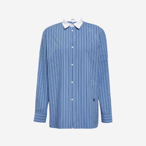 ロエベのホワイトカラーストライプシングルブレストピークカラー長袖シャツ