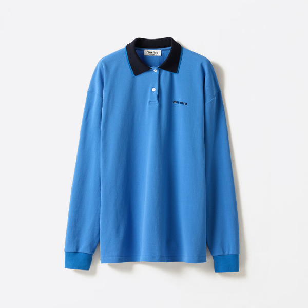 ミュウミュウブルーラペル長袖ポロシャツ