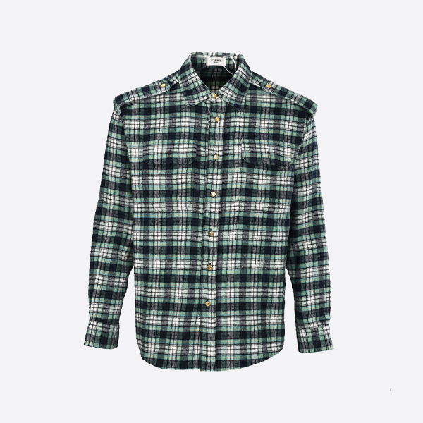 セリーヌ グリーン チェック フランネル ロングスリーブ シャツ