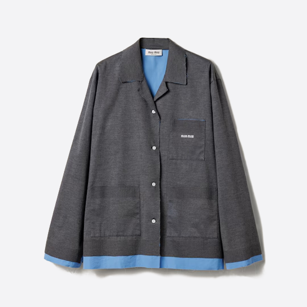 ミュウミュウのフェイクツーレイヤーラペルニットカーディガン