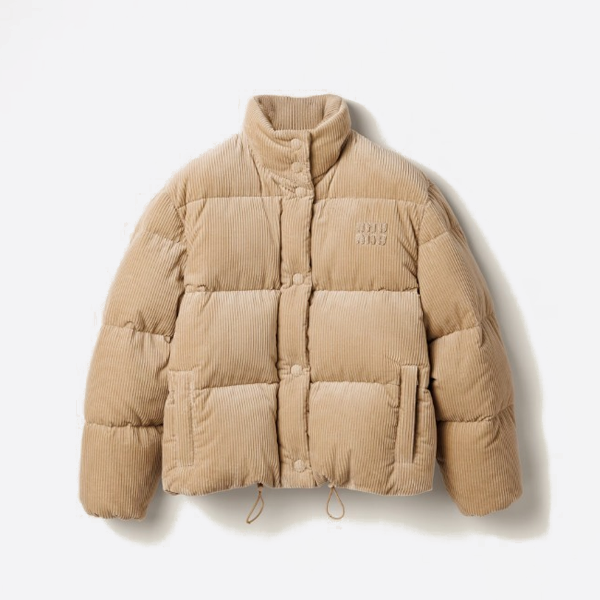 miumiu パッチワーク刺繍コーデュロイスタンドカラーダウンジャケット