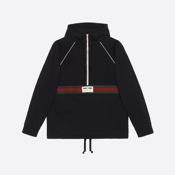 グッチの赤と緑のリボンのハーフジップ長袖フード付きスウェットシャツ