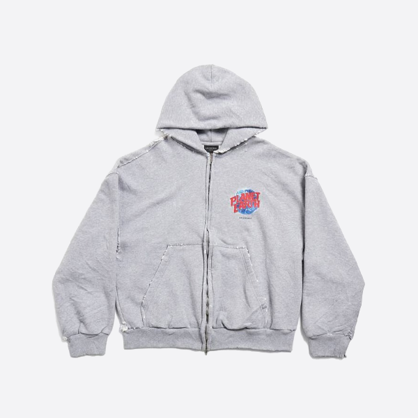 バレンシアガのキャットウォークスタイルの地球儀プリントのダメージ加工ジップアップジャケット