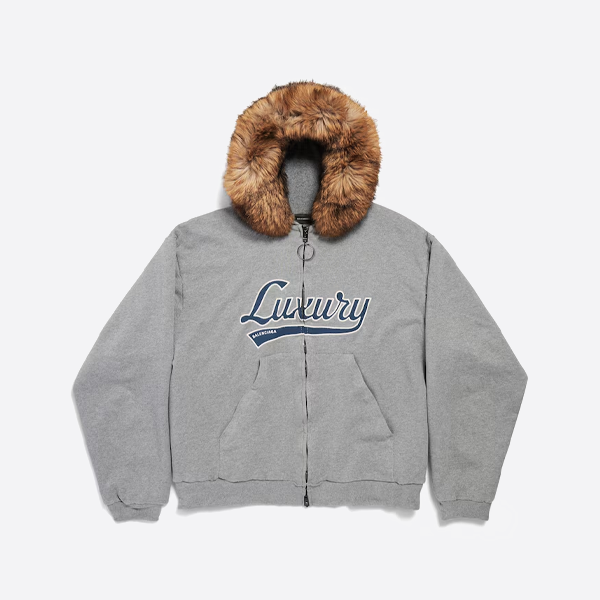 バレンシアガのファーカラーパッチワークジッパースウェットシャツ