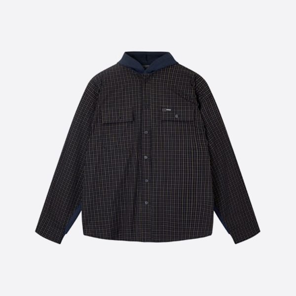 バレンシアガのチェック柄パッチワークフード付きジャケット