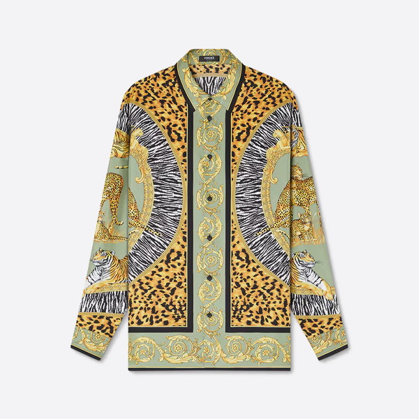 ヴェルサーチのヒョウ柄ラペル長袖シャツ 緑