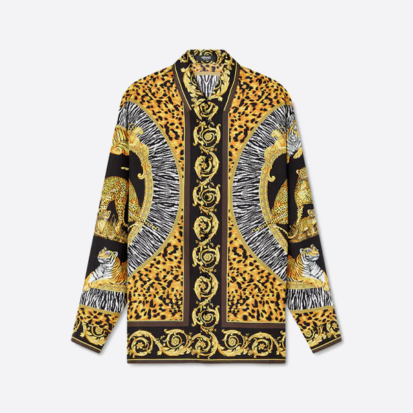 ヴェルサーチのヒョウ柄ラペル長袖シャツ 金