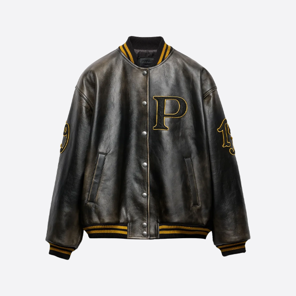 プラダ パッチ刺繍レザージャケット ブラック