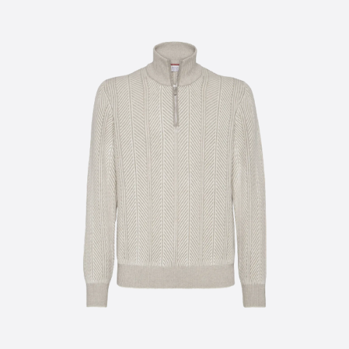 ブルネロ・クチネリのハーフジップダブルスレッドカシミアヘリンボーンセーター