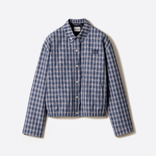 ミュウミュウのブルーチェック柄ウエスト刺繍入りチェックジャケット