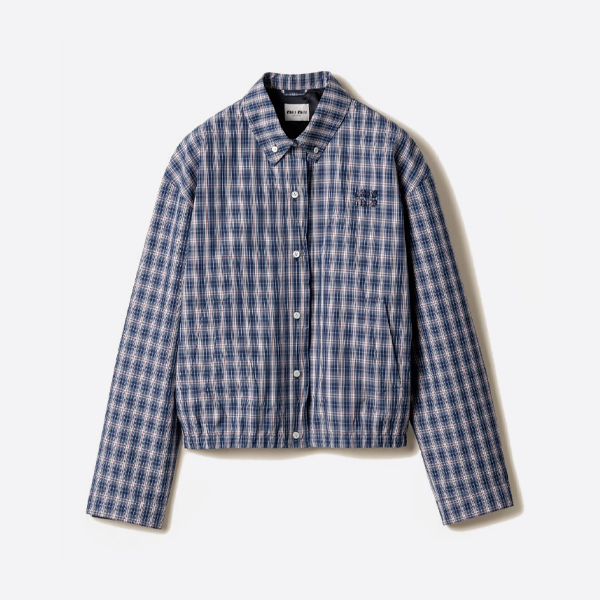 ミュウミュウのブルーチェック柄ウエスト刺繍入りチェックジャケット