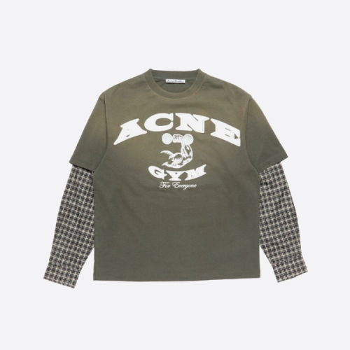 アクネ ストゥディオズ ダメージ加工ロゴ チェック柄スリーブ フェイクレイヤー ロングスリーブ Tシャツ グリーン