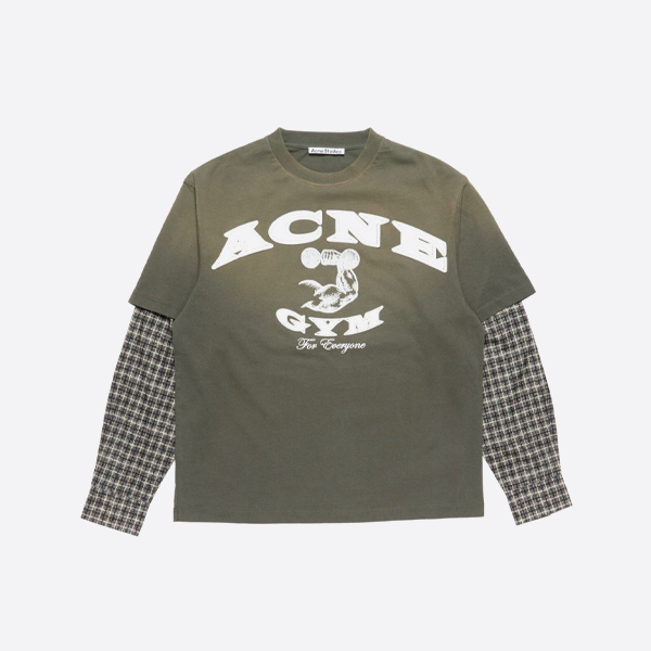 アクネ ストゥディオズ ダメージ加工ロゴ チェック柄スリーブ フェイクレイヤー ロングスリーブ Tシャツ グリーン